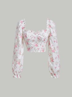 White Casual Collar Long Sleeve Fabric Floral,All Over Print Top Embellished Non-Stretch  Women Tops, Blouses & Tee Shein Floral Top, Floral Print Tops For Women, Blusas Coquette, White Top Aesthetic, Cute Shein Tops, Floral Tops For Women, Cute Tops Aesthetic, White Long Sleeve Tops