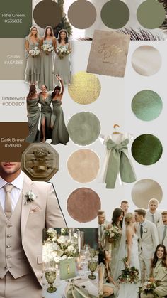 a collage of wedding colors and bridesmaid's attire in shades of green