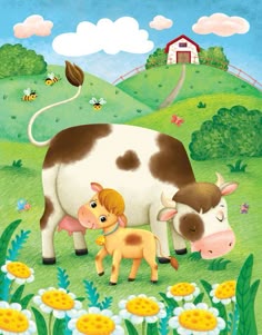 a painting of a cow and her calf in a field with flowers on the ground