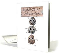 a card with three little owls hanging from it's sides and the words boss above them