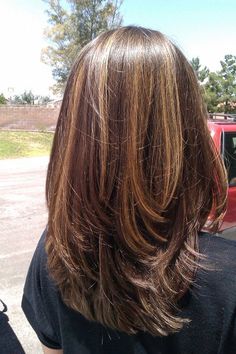 Mix Brown Hair Color, Striped Highlights Hair Dark Brown, Caramel Chunky Highlights, Light Streaks In Dark Hair, Y2k Layered Hair, Layered Hair Highlights, Long Brown Hair Balayage, Layered Highlighted Hair, Layered Haircut With Highlights