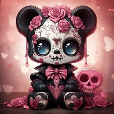 a cute little panda bear with pink roses on it's head sitting next to a skull