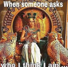 an egyptian woman surrounded by cheetah and leopards with text that reads, when someone asks who i think i am