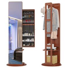 an open wooden closet with clothes, shoes and other items on shelves next to a mirror