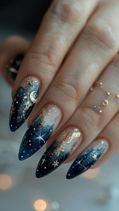 Nail Ideas Celestial, Nail Inspiration Stars, Magic Nails Design, Fall Birthday Nail Ideas, Fantasy Nails Designs, Stars And Moon Nails, Moonlit Wedding, Moon Nail Designs, Festival Nail Ideas