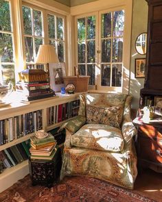 an instagram page with a chair and bookshelf