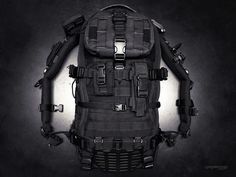 a black and white photo of a back pack on a dark background with the straps down