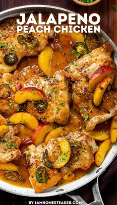 A white pan with a silver handle is filled with jalapeno peach chicken and placed on a wooden countertop. Meal Prep For Breakfast Lunch And Dinner, Chicken Sweet And Spicy, Chicken Different Ways, Spicy Meals Healthy, Spicy Peach Chicken, Chicken With Hot Cherry Peppers, Hearty Sunday Dinner, Very Simple Dinner Recipes, Half And Half Chicken Recipes