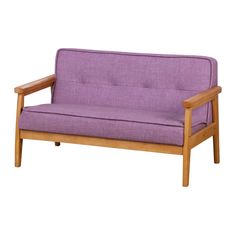 a purple couch sitting on top of a wooden frame