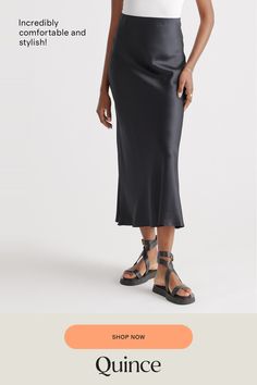 Elevate your wardrobe with our gorgeously drapey 100% Washable Silk Maxi Skirt, a stunning piece that looks effortless but feels incredibly comfortable. Crafted from best-in-class mulberry silk, this luxurious skirt has the same timeless silhouette as our beloved 100% Washable Silk Skirt, just in a longer maxi length. This must-have style is practical too: you can wash it, and the 100% silk fibers naturally nourish your skin and hair.  | Quince | Women's Maxi Skirt in Black, Size Small, Silk Chic Silk Draped Skirt For Night Out, Silk Maxi Skirt For Summer Night Out, Chic Silk Draped Midi Skirt, Sleek Silk Summer Skirt, Elegant Rayon Lined Skirt, Chic Silk Midi Skirt, Summer Silk Maxi Skirt For Work, Silk Maxi Skirt For Summer Workwear, Elegant Rayon Maxi Skirt