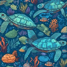 two sea turtles swimming in the ocean surrounded by corals and other marine life on a blue background