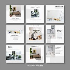 the interior design brochure is shown in white and grey colors, with different pictures on