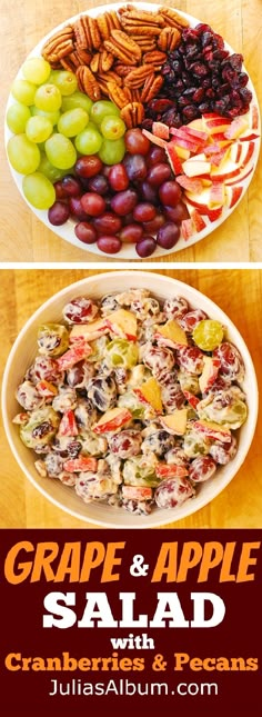 grapes and apples are arranged on a plate with the words creamy vanilla grape and apple salad