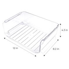 the bottom half of a clear plastic container with measurements for each side and top section