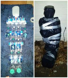 there are two pictures side by side, one is an inflatable bottle holder and the other has several empty water bottles