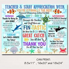 an ocean themed poster with the words teacher and staff appreciation week written in different languages