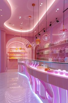 the interior of a candy shop with pink lighting