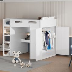 a white loft bed with a desk underneath it