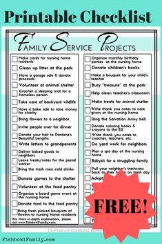 the printable checklist for family service projects is shown in red and blue with an image