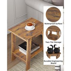 a coffee table with two tiers on each side and a cup of coffee in the middle