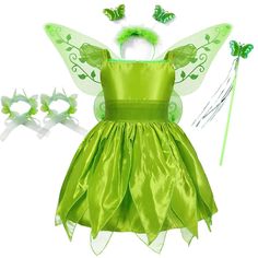 PRICES MAY VARY. 🍀FESTIVE FAIRY LOOK: Shine bright as pixie dust when you wear TPMG Classic Tinker Costume for Little Girls. Comes with delicate organza wings that flutter behind you, a lovely pair of wrist corsage, a butterfly headband and a matching fairy wand. Anyone lucky enough to catch a glimpse will be in no doubt as to your true magical nature! 🍀MAGIC IN THE DETAILS: This stunning bright green dress has a sleek satin bodice with elastic spaghetti straps and a waist belt that does not e Tinkerbell Fancy Dress, Tinkerbell Costume Kids, Fantasia Tinker Bell, Girls Tinkerbell Costume, Fairy Fancy Dress, Fairy Princess Dress, Tinkerbell Costume, Tinker Bell Costume, Disney Princess Tiana