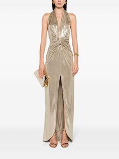 NISSA Backless high-shine Maxi Dress - Farfetch Front Knot Dress, Knot Dress, Versace Outfit, Wardrobe Edit, City Dress, Dress Gold, Exclusive Fashion, Gold Dress, Dress Sleeveless