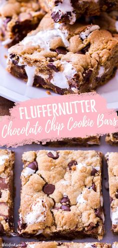 chocolate chip cookie bars are stacked on top of each other with the words, fluffy nutter chocolate chip cookie bars