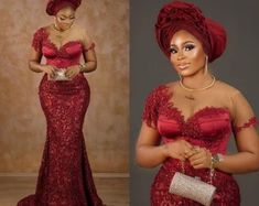 This stunning red lace gown is the perfect addition to any woman's wardrobe. This African fashion piece is crafted from luxurious lace and features a beautiful mermaid silhouette that will make you stand out from the crowd. The intricate lace detailing is sure to make you look regal and elegant, while the Aso ebi style brings a unique and modern twist to the classic red gown. Perfect for evening events, this African lace gown will make you feel like royalty as you enter the room. The red lace is sure to turn heads, and the intricate detail of the dress will make you feel like a million dollars. The delicate white lace contrasts with the deep red of the dress and makes this piece truly special. Whether you're attending a wedding, a formal event, or just want to spice up your wardrobe, this Nigerian Wedding Attire Guest, Banquet Gown With Lace Bodice, Red Evening Dress With Lace Bodice, Elegant Red Evening Dress With Lace Bodice, Red Lace Evening Dress With Lace Bodice, Red Lace Maxi Dress For Prom, Red Lace Bodice Dress For Wedding, Elegant Red Lace Dress With Lace Bodice, Red Lace Patchwork Dress For Wedding