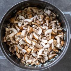 a pan filled with mushrooms sitting on top of a counter