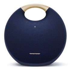 a blue and gold speaker on a white background