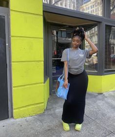 Cool Skirts Outfits, Cute Long Skirt Outfits Black Women, Long Cardigan Outfit With Skirt, Long Gray Skirt Outfit Black Women, Long Skirt Fashion Casual Street Styles, School Long Skirt Outfits, Black Long Skirt Outfit Black Women, Corporate Gowns For School, Long Skirts Outfit Black Women