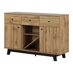 the sideboard is made from wood and has two drawers, one with an open door