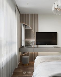 a bedroom with a large flat screen tv mounted to the side of it's wall