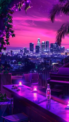 the city skyline is lit up with purple lights