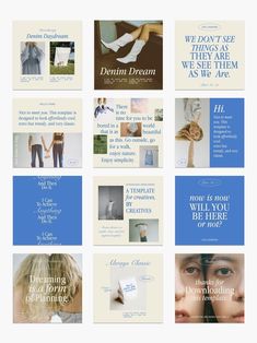 a series of brochures with different images and words on them, all in shades of blue