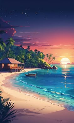 a painting of a tropical beach at sunset