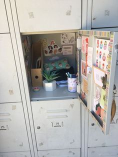 the lockers are filled with papers and other things to be used for school work