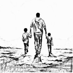 a man and two children are walking on the beach with their arms around each other