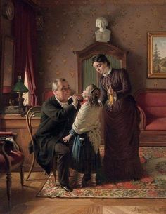 an image of a woman and two children in a living room with older people looking at her