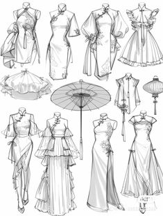 sketches of dresses and umbrellas for women