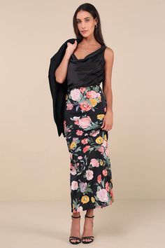 Create a casually classy look in an instant with the Lulus Glorious Energy Black Floral Print Satin High-Rise Maxi Skirt! Super sleek, airy woven satin boasts a bold floral print as it shapes this effortless skirt with a high-rise fit and an elasticized waist. The figure-skimming silhouette falls to a slightly flared, maxi hem with a classic kick pleat at the back. Hidden side zipper/clasp. Fit: This garment runs small - please size up. Length: Ankle length. Size medium measures 40.5" from waist Bold Floral Print, Kick Pleat, Black Floral Print, Bottom Clothes, How To Look Classy, Custom Fit, Black Floral, Ankle Length, Side Zipper