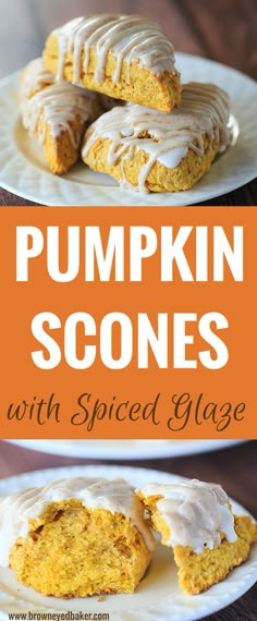 pumpkin scones with spiced glaze on top and in the background, there is a white plate