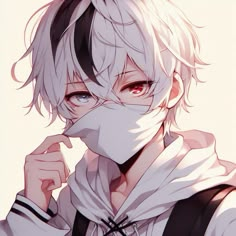 an anime character with white hair and red eyes, wearing a mask over his face