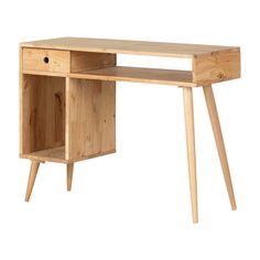 a wooden desk with one drawer and two legs