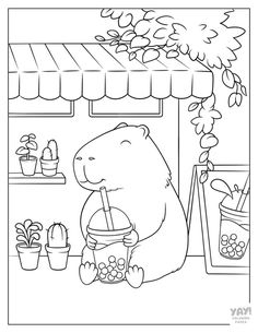 a bear holding a cup in front of a flower shop