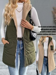 Reversible, 2 In 1, Contrast Color, Pockets, Zipper, Hooded, Mixed Fabric Panels, Padded, Fleece Lined Thick, Wind Resistant Warm, Heat Retaining, Casual, Commute, Outdoor, Minimalist, Versatile, Sherpa Lining, Women's Padded Vest, Women's Padded Coat Army Green Casual  Sleeveless Woven Fabric Plain Quilted,vest,Puffer Non-Stretch  Women Clothing, size features are:Bust: ,Length: ,Sleeve Length: Reversible Clothing Women, Outdoor Minimalist, Reversible Clothing, Winter Coat Short, Sleeveless Vest Jacket, Vest Puffer, Outerwear Women Winter, Padded Vest, Padded Coat