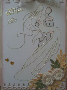 a wedding card with an image of a bride and groom