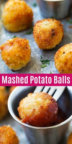 mashed potato balls are served in small bowls with a fork and garnish