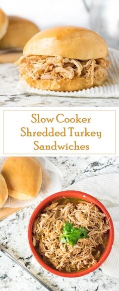 slow cooker shredded turkey sandwiches in red bowl on marble countertop with text overlay