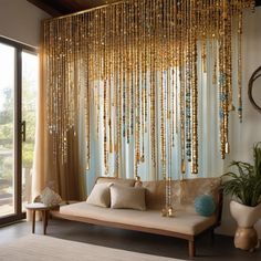 a living room filled with lots of gold beads